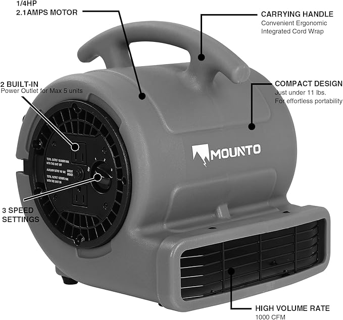 MOUNTO 1/4hp 1000CFM 2 Speed Air Mover Carpet Dryer Floor Fan Cooling Fan (Grey)