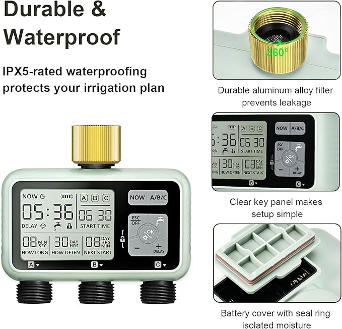 Watering Timer 3 Zone with Brass Inlet, Sprinkler Timer, Programmable Garden Outdoor Hose Faucet Timers with Rain Delay, Auto & Manual Watering System,Water Hose Irrigation Timers 3 Outlet for Garden