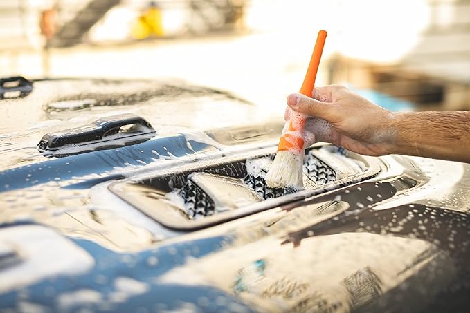 Detail Factory - Boar Hair Long-Handle Detailing Brush - Comfortable Grip and Heavy-Duty Scrubbing for Interior, Exterior, Engine Bay, Wheels, Exhaust Tips, Textured Plastic, Orange