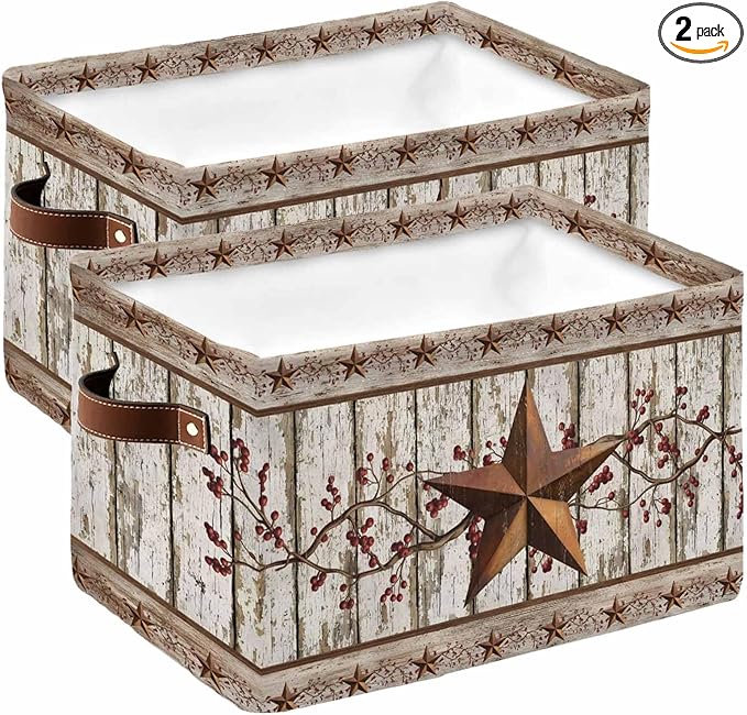 Texas Star Grey Wooden Storage Bins Cubes Waterproof Cloth Storage Basket, Farmhouse Berry Countryside Foldable Storage Bags for Shelf Closet Clothes Storages Organizers with Handles 15x11x9.5 in 2PCS