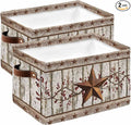 Texas Star Grey Wooden Storage Bins Cubes Waterproof Cloth Storage Basket, Farmhouse Berry Countryside Foldable Storage Bags for Shelf Closet Clothes Storages Organizers with Handles 15x11x9.5 in 2PCS