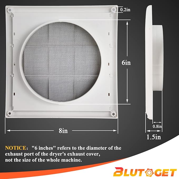 Blutoget 6" Louvered exhaust Vent Cover 8" x 8" Oversize dryer outlet cover for Exterior Wall Vent Hood Outlet Airflow - 6 Inch Vent Cover Exterior with 4 Vent Screen Screw (White)