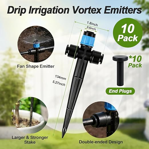 RedChili 10 Pieces Push to Fit Drip Vortex Emitters for 1/4" Drip Irrigation Tubing, Adjustable 360 Degree Vortex Drip Emitters with Stake Two Way Full Circle Umbrella Shape Pattern Garden Drippers