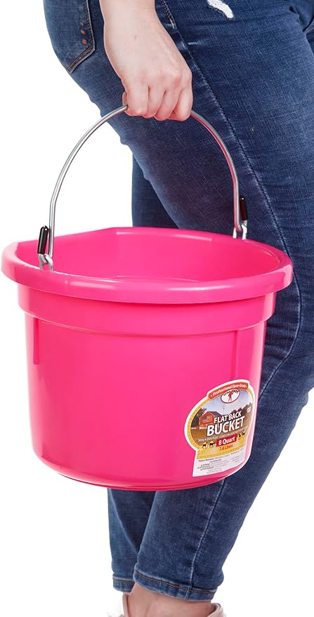 Little Giant® Flat Back Plastic Animal Feed Bucket | Animal Water and Feed Bucket with Metal Handle | 8 Quarts | Hot Pink