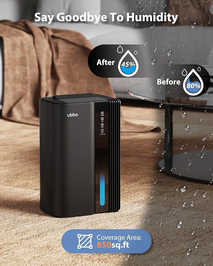 UBBO 95oz Dehumidifiers for Home, 1000 Sq.Ft Dehumidifier with Drain Hose - Auto Shut Off, Timer, Sleep Mode & Drain Hose - 7 Color Light for Bedroom, Bathroom, RV - Black