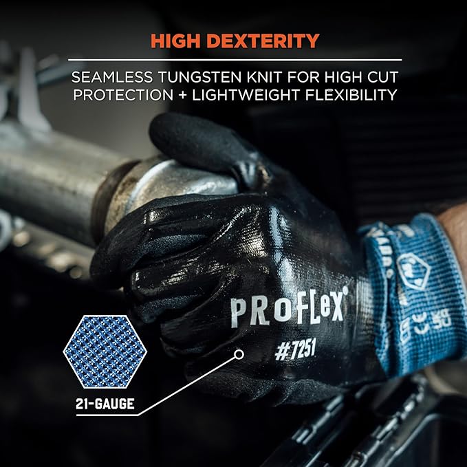 Ergodyne ProFlex 7251 Fully Coated Nitrile Work Gloves, Oil/Water Resistant, ANSI/ISEA 105-2016 A5 Cut Resistance, Touchscreen Capable