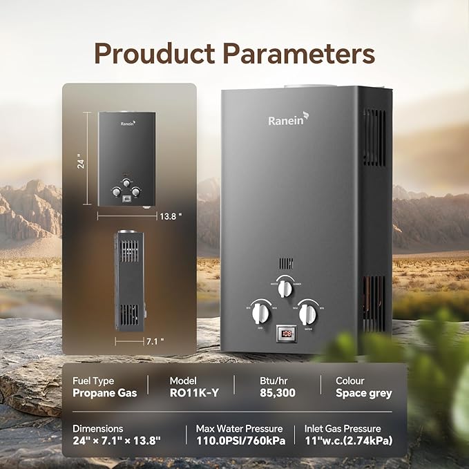 Ranein 18L Tankless Water Heater, Propane Gas, Outdoor Up to 4.74 GPM, 85,300 BTU On-Demand Instant Hot Water Heater