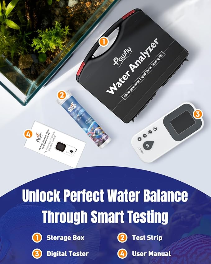 Pawfly 6 in 1 Digital Water Testing Kit, 50 Strips Fresh/Salt Aquarium Water Test Kit, Fish Tank Water Testing Kit, Digital Water Tester for pH, Nitrate, Nitrite, Chlorine, Total Hardness & Carbonate