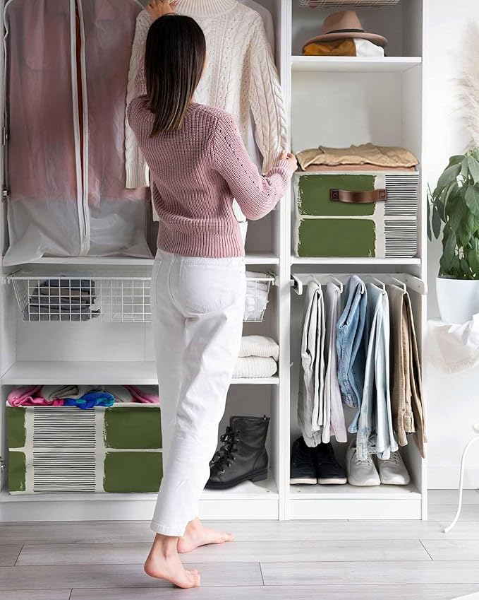 Sage Green Storage Bins Cubes Waterproof Cloth Storage Basket,Modern Painting Farmhouse Striped Abstract Art Foldable Storage Bags for Shelf Clothes Storages Organizers with Handles 15x11x9.5 in 2PCS