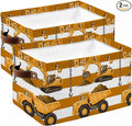 Yellow Truck Storage Bins Cubes Waterproof Cloth Storage Basket, Brown Striped Farmhouse Art Foldable Storage Bags for Shelf Closet Clothes Organizers with Handles 15x11x9.5 in 2PCS