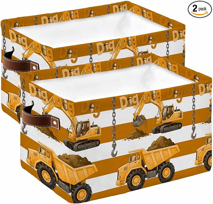 Yellow Truck Storage Bins Cubes Waterproof Cloth Storage Basket, Brown Striped Farmhouse Art Foldable Storage Bags for Shelf Closet Clothes Organizers with Handles 15x11x9.5 in 2PCS