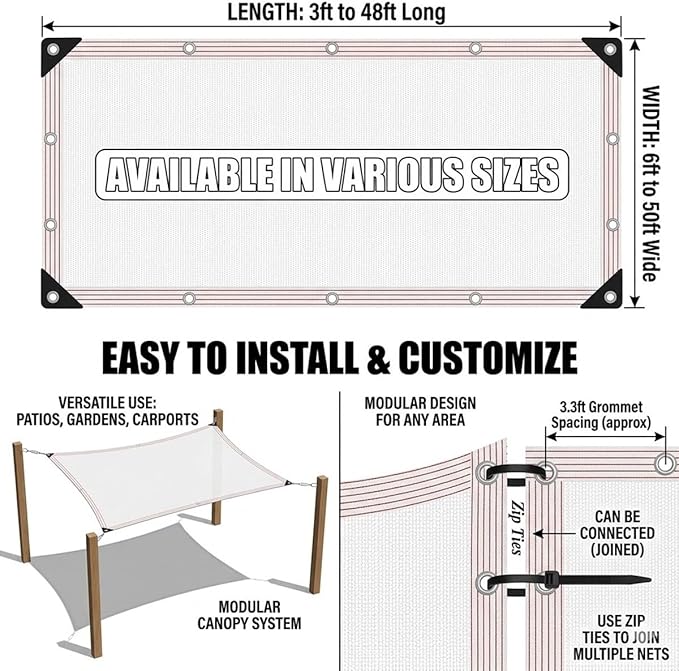 White Shade Cloth for Garden, 50% Mesh Tarp with Grommets, Breathable Sun Shade Cloth for Greenhouse, Plants Cover, Patio, Chicken Coops, HDPE Shade Net for Outdoor UV Resistant(36x62ft)