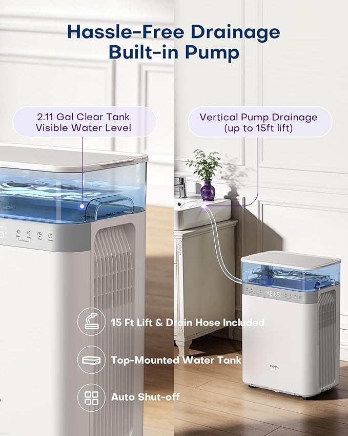 avylo Dehumidifier for Basement with Pump, 2.11 Gallon Top-Mounted Water Tank, Max 90 Pint/D, Energy Star Most Efficient 2025, 4500 Sq.Ft Dehumidifiers for Home with 41dB, Drain Hose, Auto Defrost
