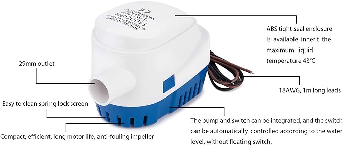 Dontmiss Automatic Submersible Small Boat Bilge Pump 12v Non-polar 1100gph Auto with Float Switch bilge pump for boat(Outlet Diameter：1 1/8")
