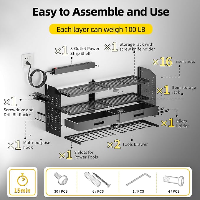 Power Tool Organizer Wall Mount Heavy Duty 400 lbs, 4 Layers Storage Rack with 9 Drill Holders & Battery Storage, Cordless Tool Organizer for Garage, Workshop & Tool Room