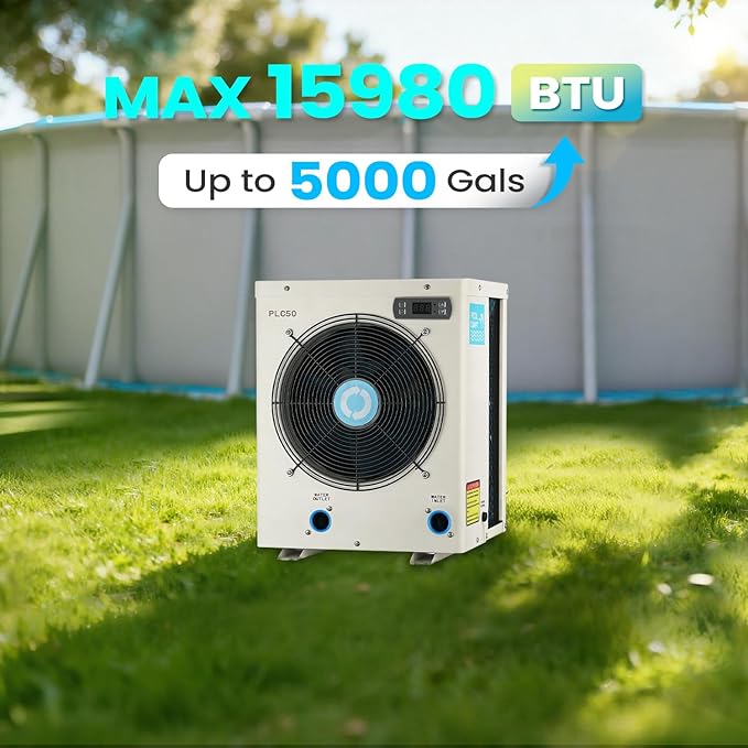 POOLCOMFT 15980 BTU Swimming Pool Heater for Above Ground Pools, Electric Pool Heat Pump up to 5000 Gallons, Ultra-Quiet 30 dB, Fast Heating, 110V