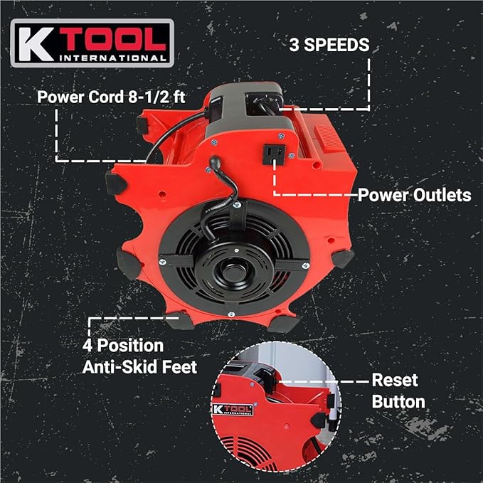 K Tool International 77700 Big Chill Workforce Blower Floor Fan, 1200 CFM, 3 Speed Motor, Overload Protection, Impact Resistant ABS, 300 Watt, 110-120V, 60Hz, 4 Angle Positions, Indoor/Outdoor, Red