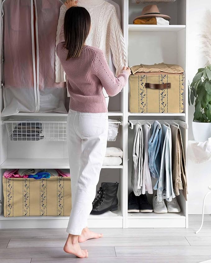 Khaki Flower Branch Storage Bins Cubes Waterproof Cloth Storage Basket, Spring Summer Farmhouse Botanical Foldable Storage Bags for Shelf Closet Clothes Organizers with Handles 15x11x9.5 in 1PCS