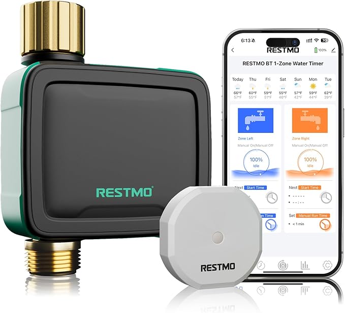 RESTMO Brass Inlet & Outlet Smart Sprinkler Hose Timer with Flow Meter, Water Timer for Garden Hose with APP Remote Control (RF Hub & 2.4GHz WiFi Connection), Automatic Drip Irrigation System for Lawn