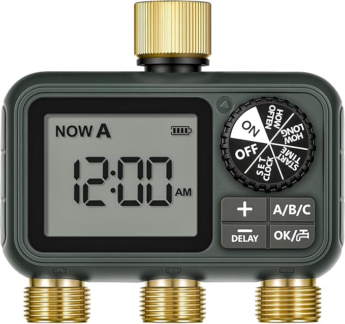 Brass Sprinkler Timer with Swivel, Programmable Water Timer for Garden Hose with Auto/Manual/Rain Delay Watering, Digital Irrigation System Kit,for Garden, Yard, Lawn 3 Outlet F13WT06