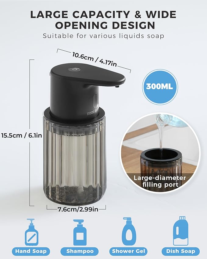 Automatic Liquid Soap Dispenser Touchless, 10oz/300ml Rechargeable, 3 Adjustable Liquid Levels, IPX5 Waterproof, for Kitchen Bathroom, Black
