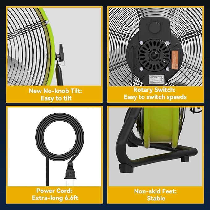 20 In High Velocity Floor Fan Pro, 4500CFM 3 Speed Industrial Metal Floor Fan with Wall Mount for Commercial, Residential, Warehouse, Covered Patio, Shop, Garage, Barn - UL Safety Listed