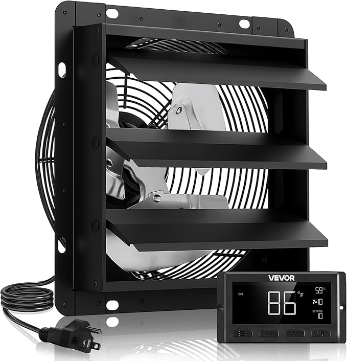 VEVOR 12 inch Exhaust Fan, Wall Mounted Attic Fan with Variable Speed, Temperature & Humidity Controller, 1500 CFM, Automatic Shutter