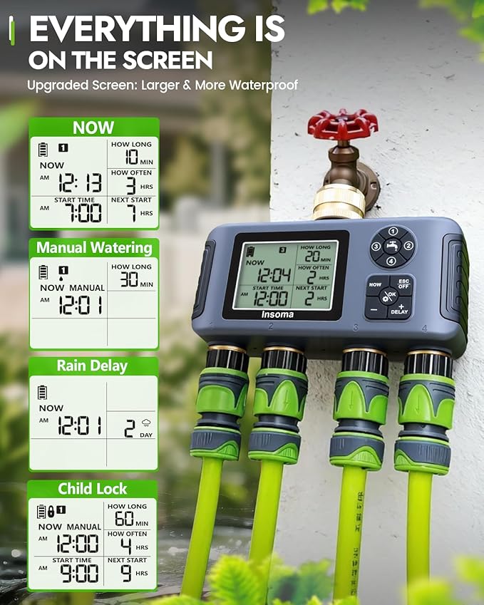 Insoma Water Timer 4 Zones with Brass Inlet & Outlet, Automatic Garden Hose Timer with Manual/Rain Delay & Large Display, IPX5 Waterproof Faucet Timers for Sprinkler System, Yard, Lawn, Greenhouse