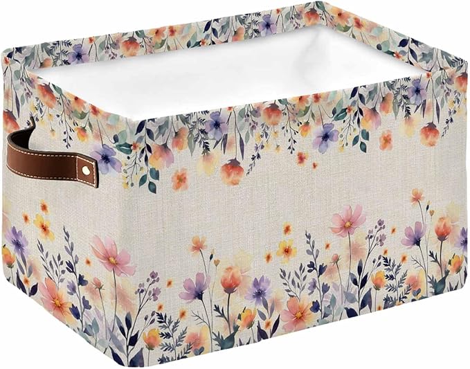 Spring Floral Storage Bins Cubes Waterproof Cloth Storage Basket,Elegant Flowers Farmhouse Botanical Rustic Foldable Storage Bags for Shelf Clothes Storages Organizers with Handles 15x11x9.5 in 1PCS