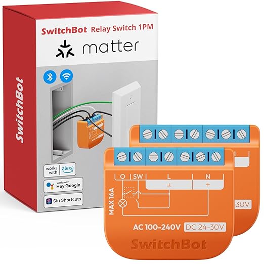 SwitchBot Matte Relay Switch 1PM, WiFi Switch Compatible with Alexa/Apple Home/Google Home, Power-Measuring Relay Switch Module with Integrated Bluetooth Repeater, Bluetooth & Wi-Fi 2.4 GHz, 16 A