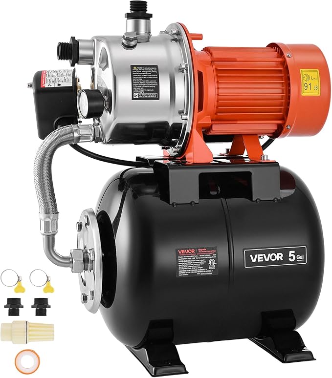 VEVOR 1.6 HP Shallow Well Pump with Pressure Tank, 120V 1320 GPH, Stainless Steel Irrigation Jet Pump with 5-Gal Pressure Tank, Automatic Water Booster System, for Home Garden Lawn, Potable Water