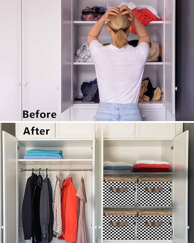 Farmhouse Cows Storage Bins Cubes Waterproof Cloth Storage Basket, Sunflower Daisy White Black Plaid Foldable Storage Bags for Shelf Closet Clothes Organizers with Handles 15x11x9.5 in 1PCS