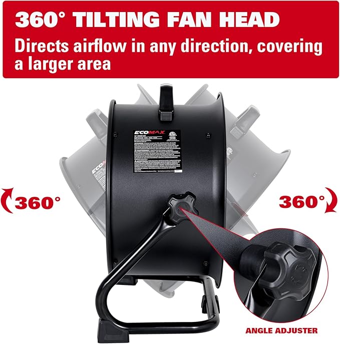 ECOMAX 16" Velocity Industrial Drum Fan, 3-Speed Heavy Duty Industrial Metal Shop Fan with 1800 CFM, Built-in Rope Bag, Floor Fan for Commercial, Garage, Greenhouse and Gym - UL Listed
