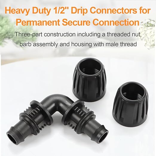 Drip Irrigation Elbow Fittings, 12 Pieces 1/2'' Dripline Locked Barbed Elbow Connectors for 1/2 Inch Irrigation Tubing (1/2" ID x 0.650" OD) 90 Degree Corner for Garden Sprinkler Systems