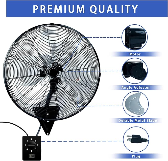 24" Wall Mount Fan, 8500CFM Heavy Duty Wall Fan with 3-Speed & Adjustable Tilt, High Velocity Industrial Oscillating Fans for Garage, Factory, Patio, Indoor, Porch, Shop & Commercial Use - ETL Listed