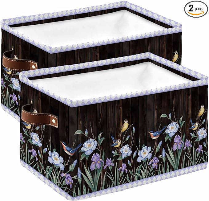 Spring Flowers Storage Bins Cubes Waterproof Cloth Storage Basket,Blue Floral Leaves Birds Country Farm Wood Grain Foldable Storage Bags for Shelf Storages Organizers with Handles 15x11x9.5 in 2PCS