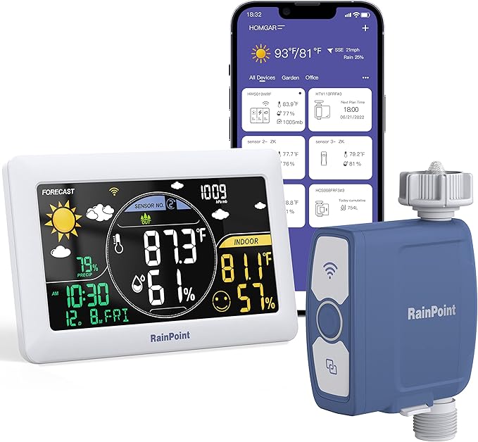 RAINPOINT WiFi Water Timer, Smart Hose Timer with Water Usage-Based and Soil Moisture-Based Watering System, Sprinkler Controller with Wi-Fi Weather Station Hub for Garden Irrigation