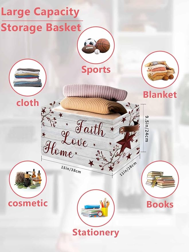 Wooden Grain Storage Bins Cubes Waterproof Cloth Storage Basket, Red Country Texas Star Branches Berry Foldable Storage Bags for Shelf Closet Clothes Storages Organizers with Handles 15x11x9.5 in 2PCS