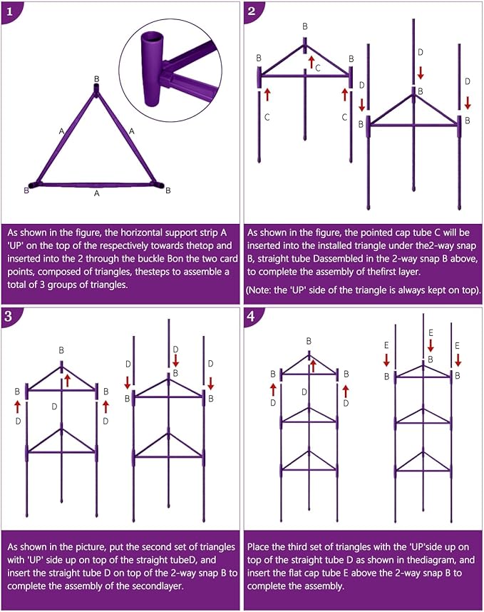 Growsun 51 inch Tomato Cage Heavy-Duty Plant Support Cucumber & Vine Vegetables – Adjustable Purple Metal Garden Trellis for Climbing Plants, Indoor & Outdoor Use, 6 Pack