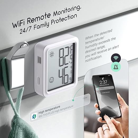 INKBIRD WiFi Thermometer Hygrometer, Indoor Temperature Sensor IBS-TH3-PLUS with Electronic Display, Humidity Monitor with App Alert 1 Year Data Storage Export, Digital Remote Monitor for Room