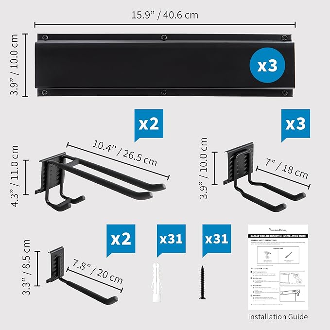 Precision Defined Garage Tool Organizer Wall Mount 48 inches, 330 lbs Capacity, Garden Tool Organizer, Garage Storage Rack, Shed Organizer, Garage Organizer with Adjustable Hooks, Shovel, Rake Holder