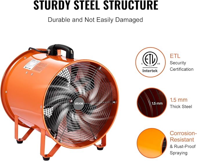 VEVOR 16 Inch Utility Blower Fan, 2 Speed 5175 CFM Heavy Duty Cylinder Axial Exhaust Fan with 16.4ft Duct Hose, Industrial Portable Confined Space Ventilator for basements, warehouse, Workshop