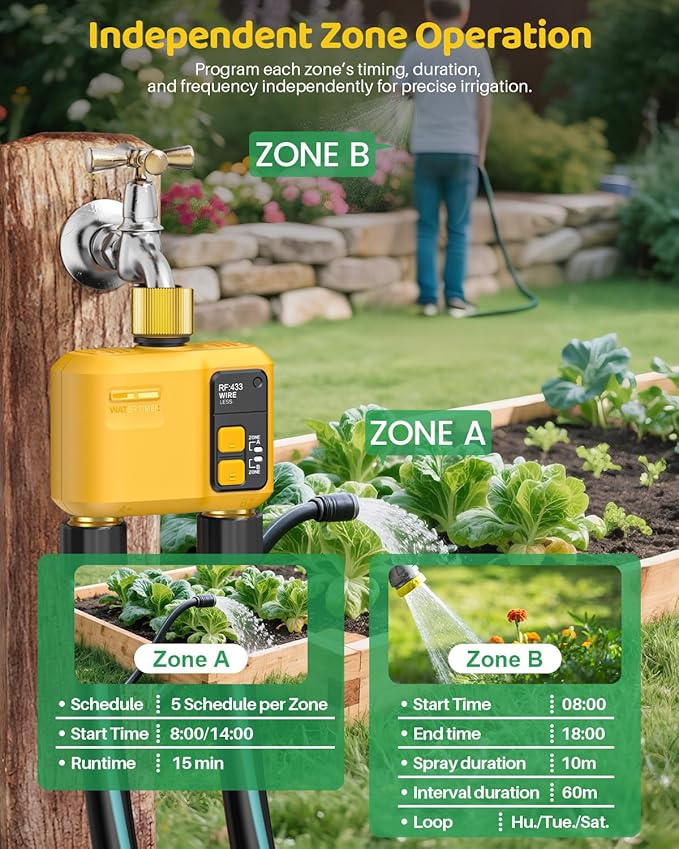 WiFi Water Timer 2 Zone for Garden Hose, Smart Sprinkler Timer with 984ft RF Range, Brass Inlet and Outlet, APP/Voice Control, Rain Delay, Automatic/Manual Irrigation