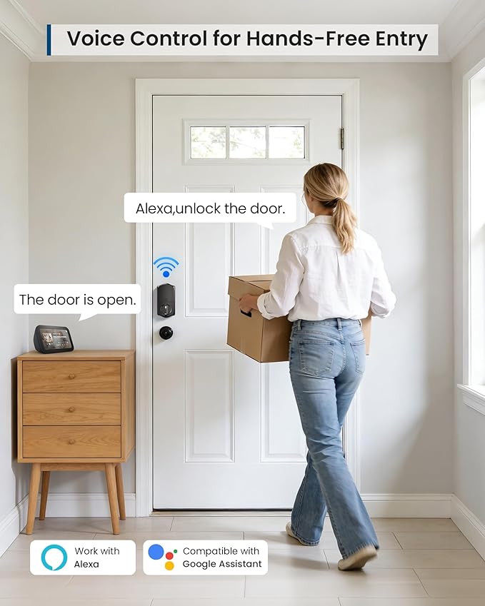 TEEHO TE011W Wi-Fi Keyless Entry Door Lock with Keypad - Smart Deadbolt Lock for Front Door with 2 Keys - Remote Control, Works with Alexa & Google, APP Unlock - Easy Installation - Matte Black