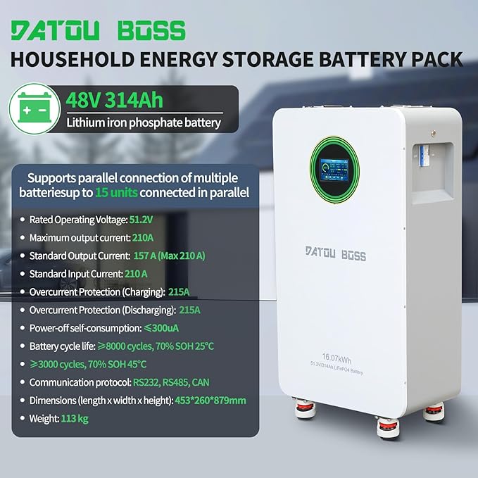 48V 314Ah LiFePO4 Battery, Powerwall Lithium Battery, 16.07kWh Deep Cycle Energy Storage with 210A Breaker, CAN & RS485, Floor/Wall Mount for Home Backup, Solar, RV, Off-Grid (48V 314A-Battery)