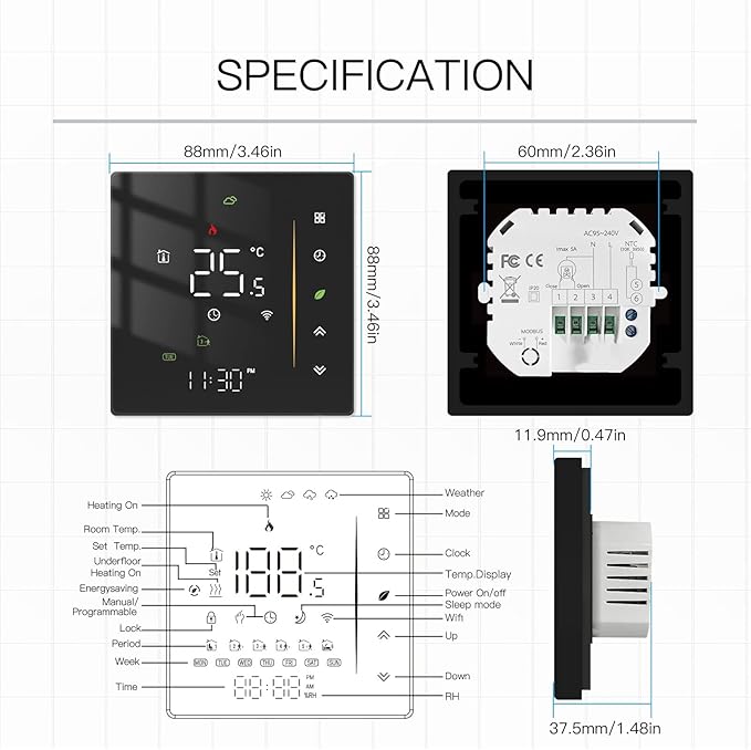 Smart Thermostat, Smart Thermostat Professional WIFI Programmable APP Control Energy Saving Flame Retardant Home Thermostat 95 to, Programmable