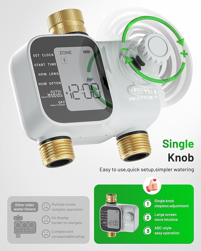 [2026 Upgrade] 2 Zone Sprinkler Timer with Brass Inlets & Outlets, Unistyle Programmable Water Timer for Garden Hose, IP55 Waterproof Hose Timers with Manual Irrigation Timers for Yard and Lawn Patio