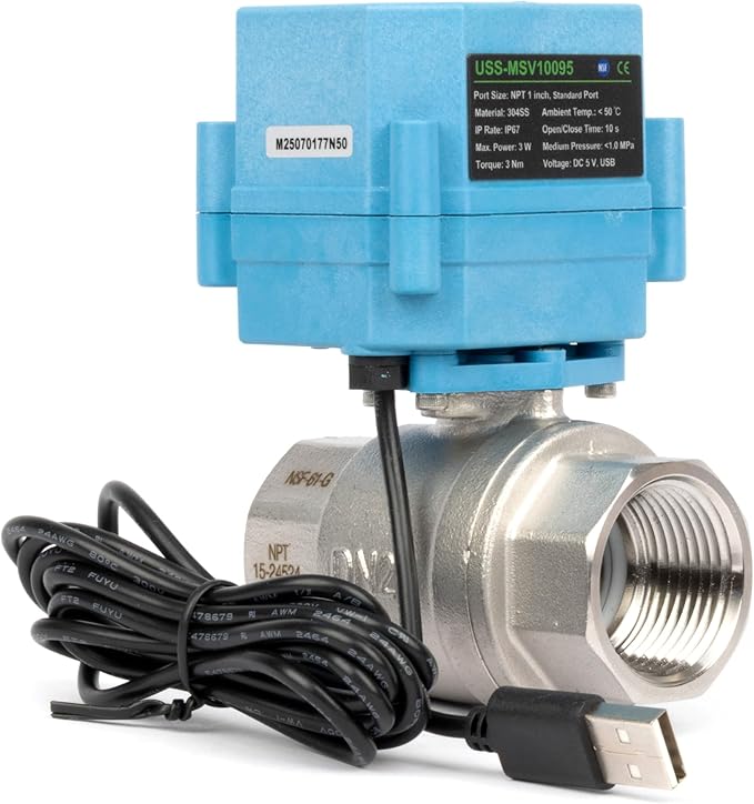 U.S. Solid WiFi Smart Motorized Ball Valve 1 inch NPT for Water Control, Irrigation, 2 Way 304SS Electric Valve, USB Powered, Status Indicator, Flow Direction, Remote On/Off Control, NSF Certified