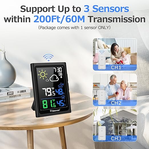 Geevon Indoor Outdoor Thermometer Wireless Weather Station with Color Display, Digital Hygrometer Temperature Humidity Monitor with Alarm Clock and Backlight