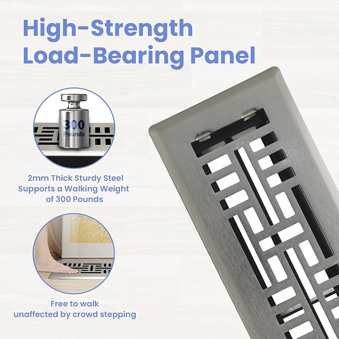 Howeall 2x12 Inches Heavy Duty WalkSNle Floor Register Easy Adjust Air Supply Lever Floor Vents - Seattle Design - Vent Cover for Home Floor - Satin Nickel